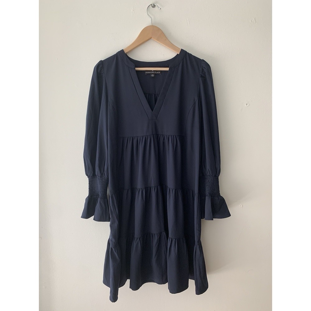 Tuckernuck Pomander Place Kenzo Navy Crepe Long Sleeve Mini Dress M V-Neck